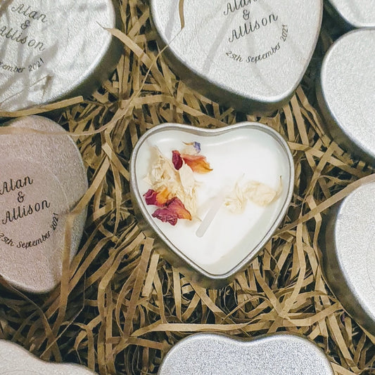 Personalised heart tin wedding favour candle hand-poured at The Pure Haven's Cotswolds studio