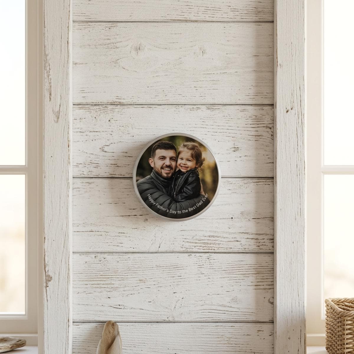 Personalised photo candle lid displayed on a white panelled wall, showing how the printed lid doubles as a keepsake photo display.