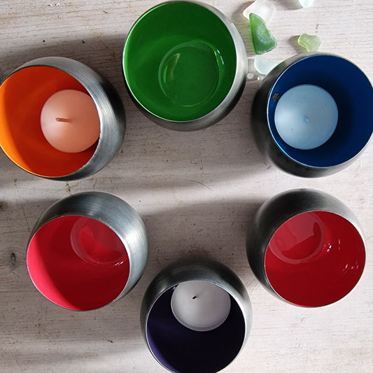 Set of 10 Small Metal Bowls | Recycled Iron, Enamel Interior, Antique Zinc Finish