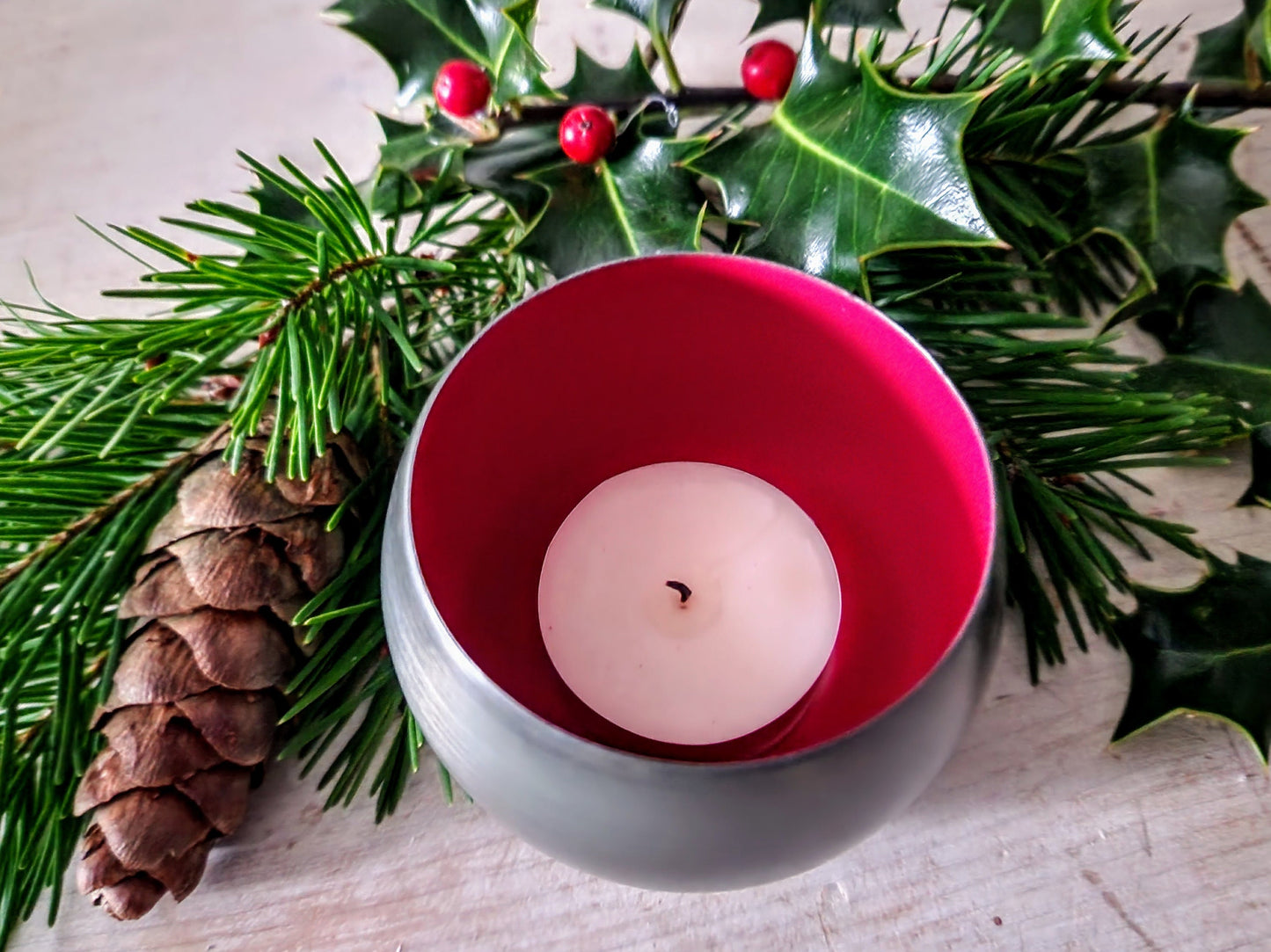 Tealight and Small Metal Bowl | Recycled Iron, Enamel Interior, Antique Zinc Finish | Handmade, Fairtrade, Gift, Candle Gift