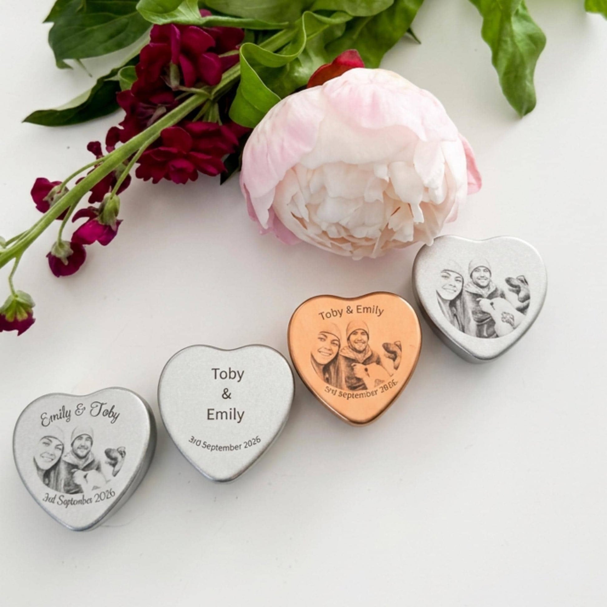 Personalised Photo Heart Tin Wedding Favour Candle | Rose Gold | Sketch Portrait