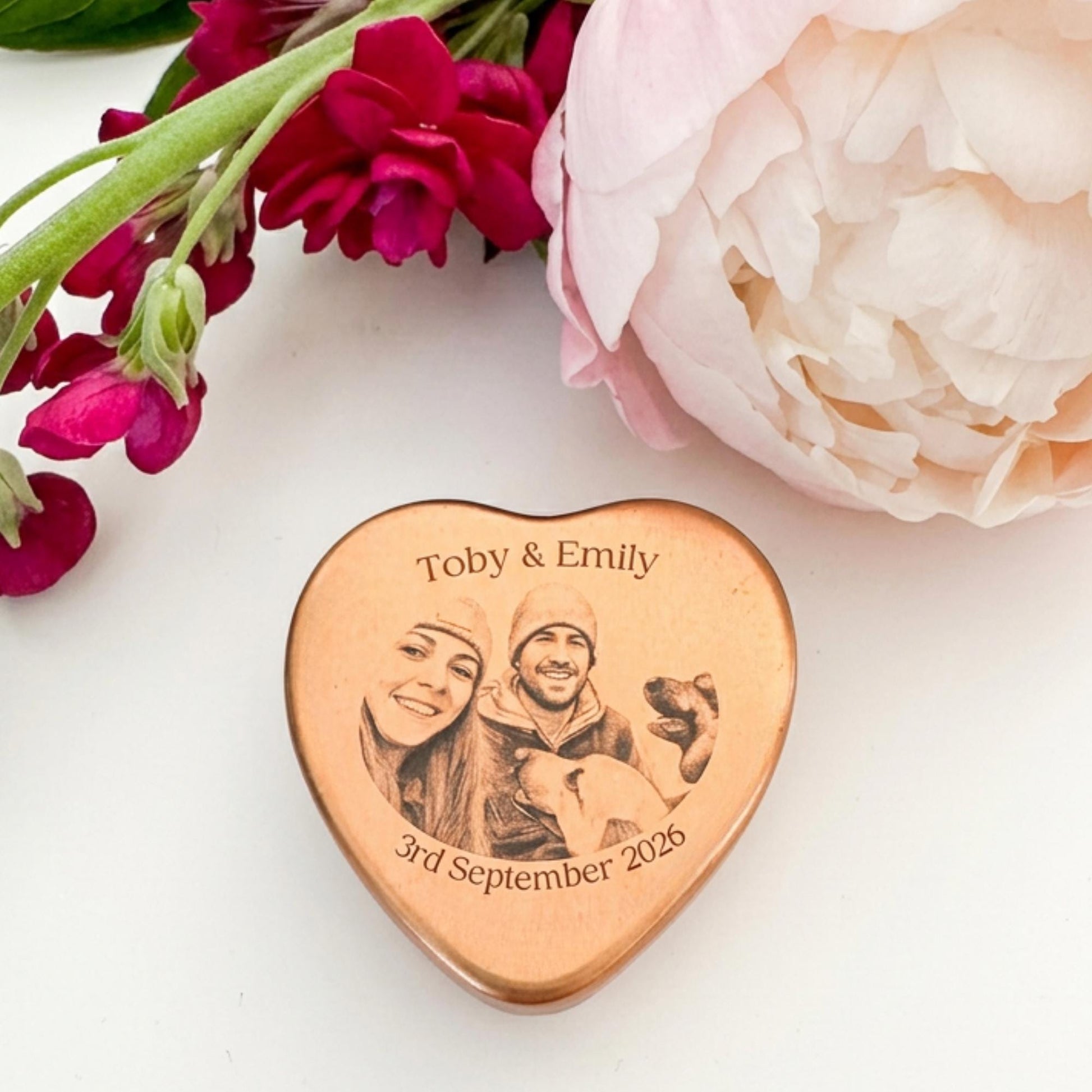 Personalised Photo Heart Tin Wedding Favour Candle | Rose Gold | Sketch Portrait