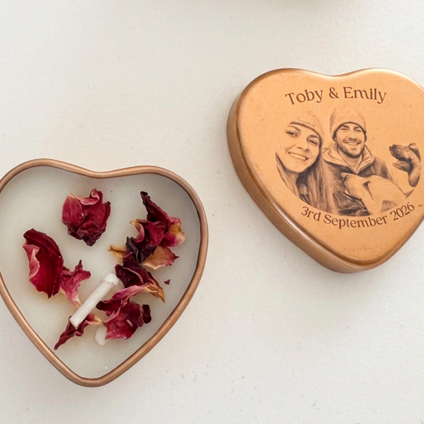 Personalised Photo Heart Tin Wedding Favour Candle | Rose Gold | Sketch Portrait