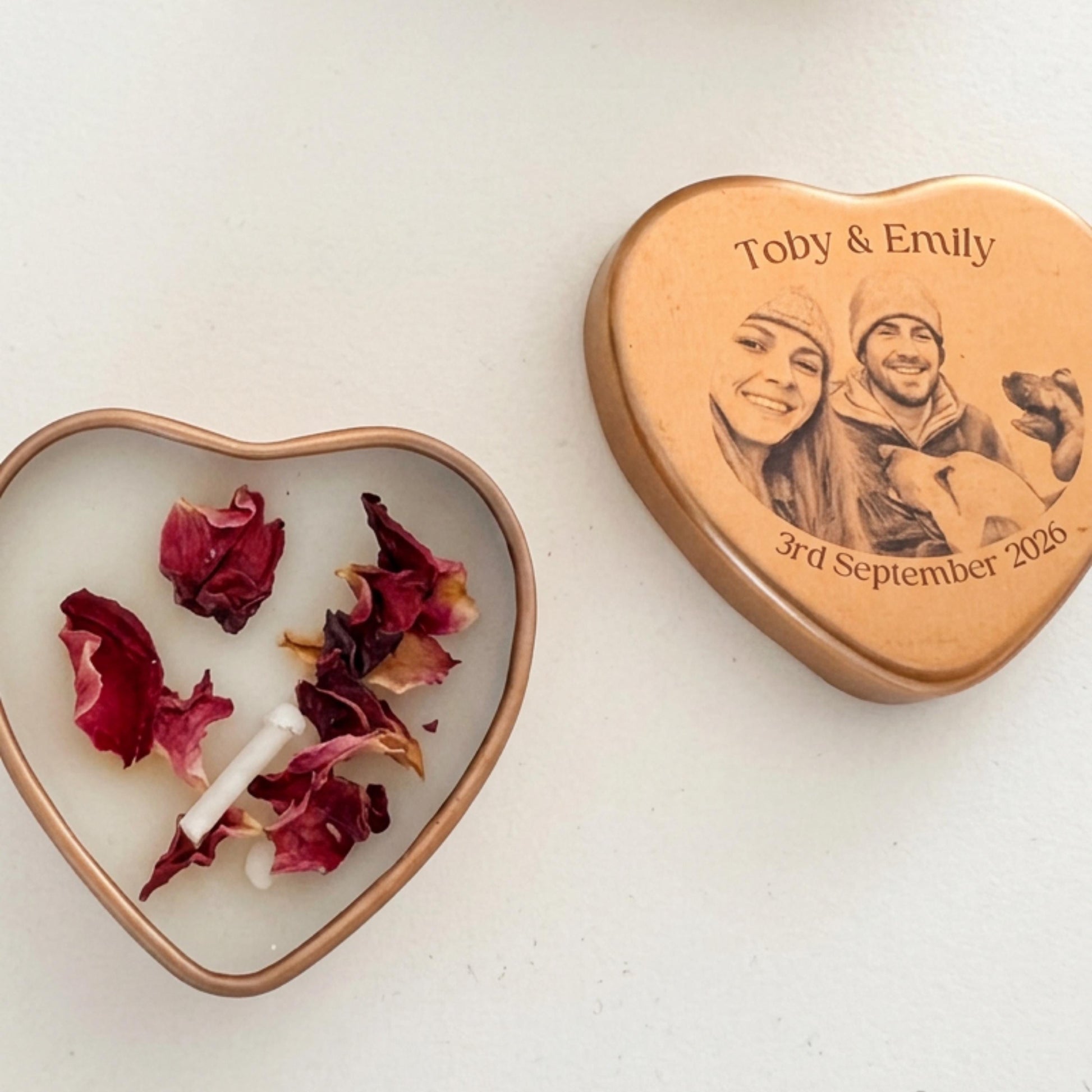 Personalised Photo Heart Tin Wedding Favour Candle | Rose Gold | Sketch Portrait