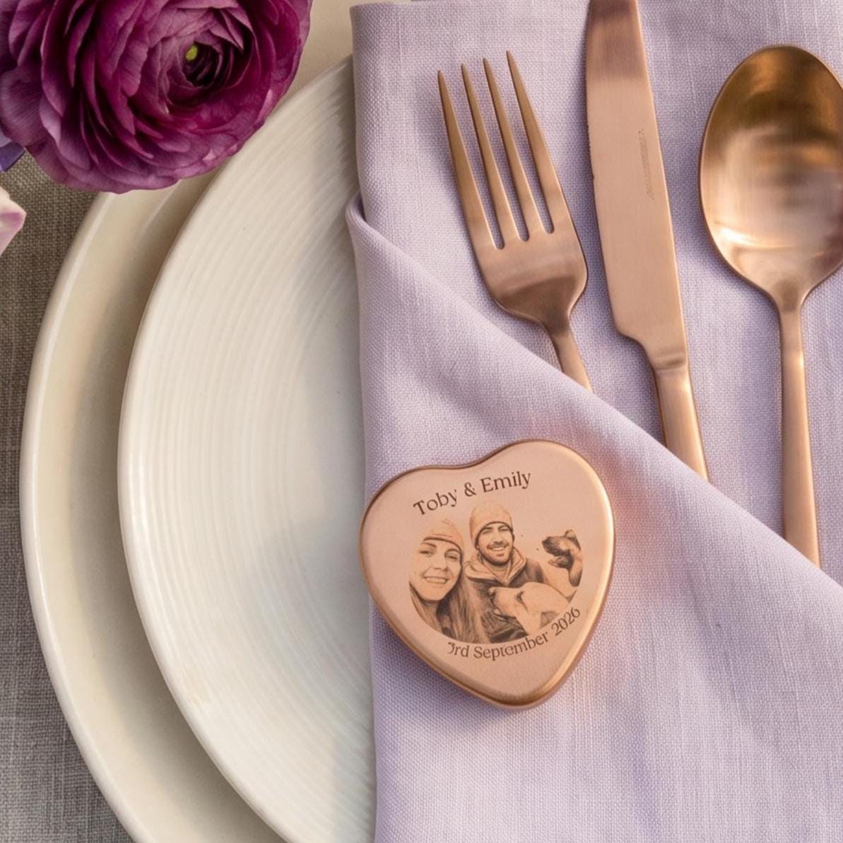 Personalised rose gold photo heart tin wedding favour candle with sketch portrait printed on lid — natural olive wax, handmade in the Cotswolds