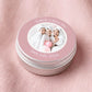 Personalised hen party candle tin favours with photo-printed lids, handmade with natural olive wax in the Cotswolds — perfect hen do party bag gift