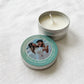 Group of personalised mini party favour candle tins with colour-printed photo lids, ideal as birthday, christening or baby shower favours