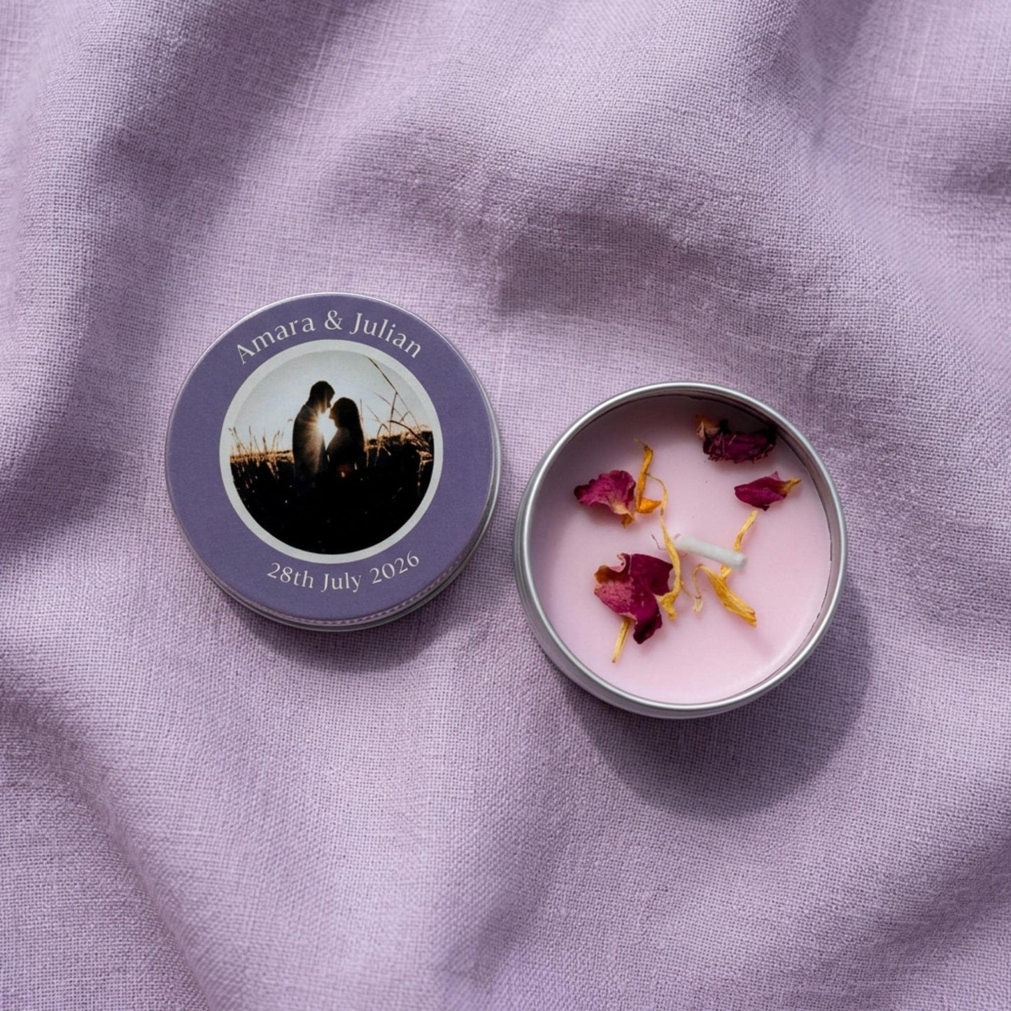 Selection of personalised mini candle tin party favours in different colours — mix and match scents for your celebration