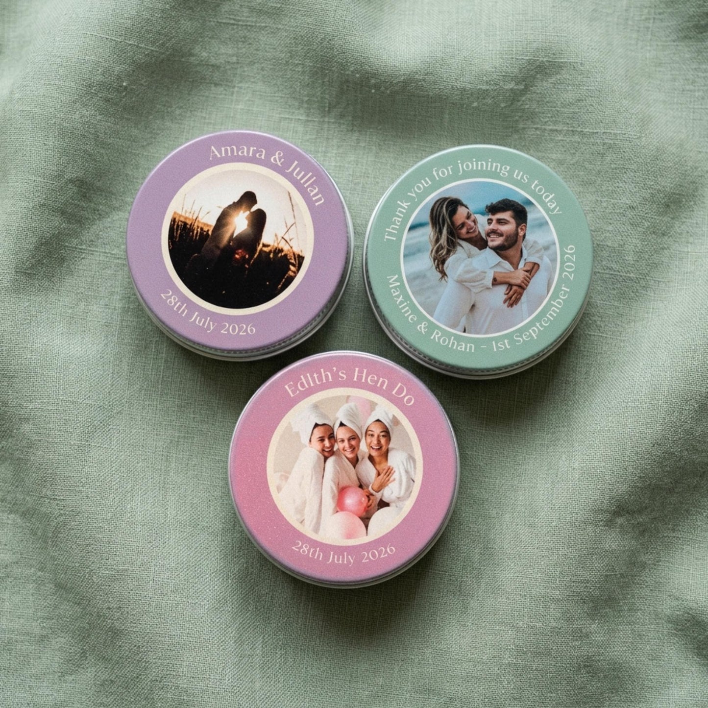 Close-up of personalised party favour candle tin lid with colour-printed photo, custom name and text — made to order in the Cotswolds