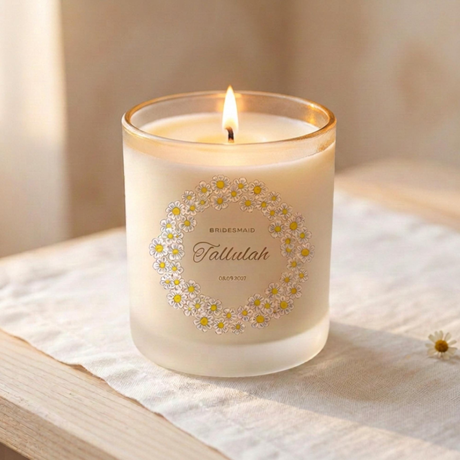 Personalised bridesmaid candle with printed text on frosted glass