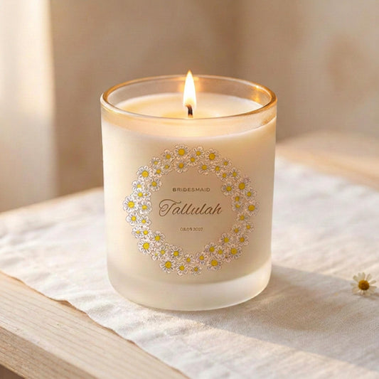 Personalised bridesmaid candle with printed text on frosted glass