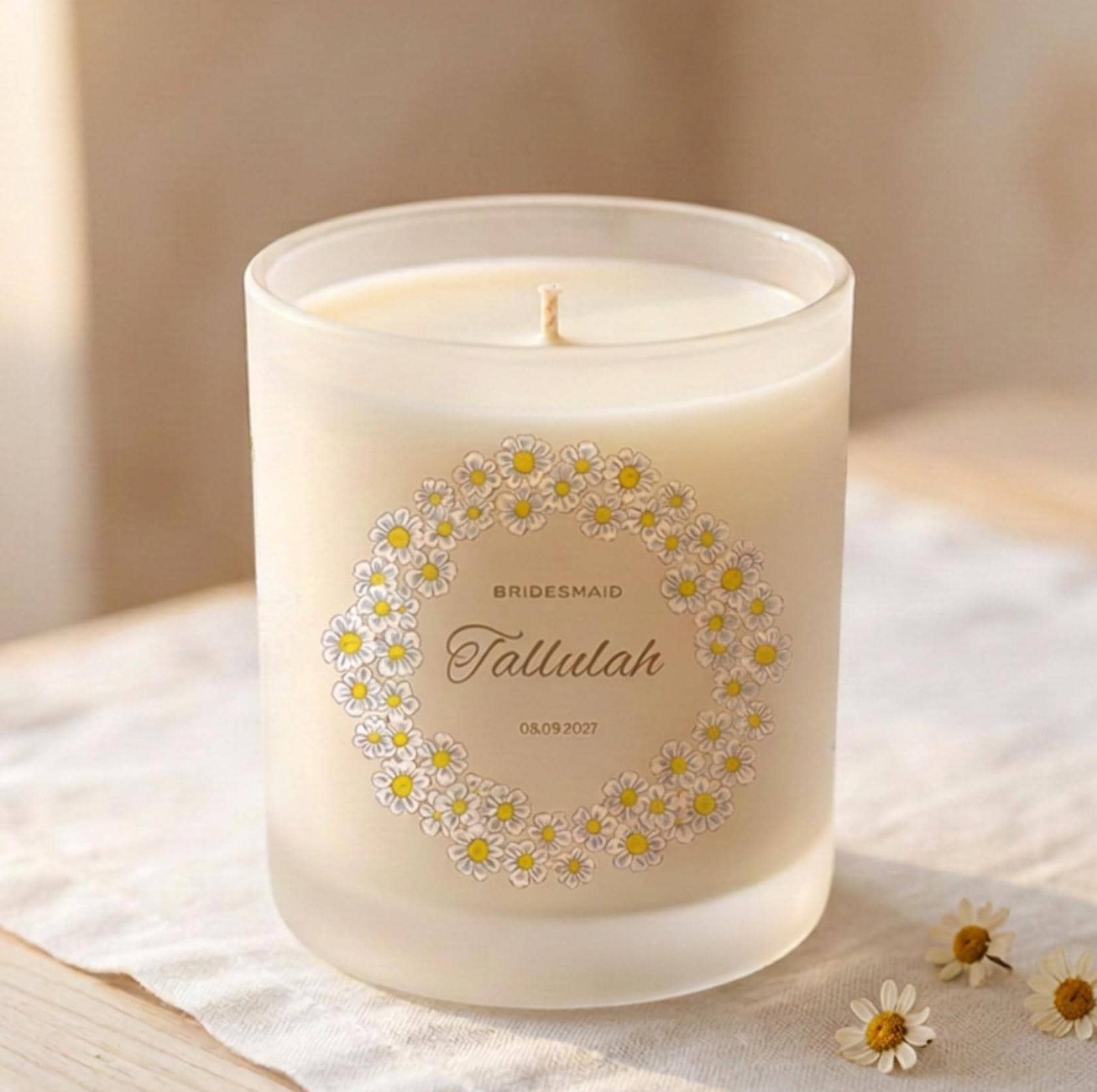 Personalised bridesmaid candle with printed text on frosted glass