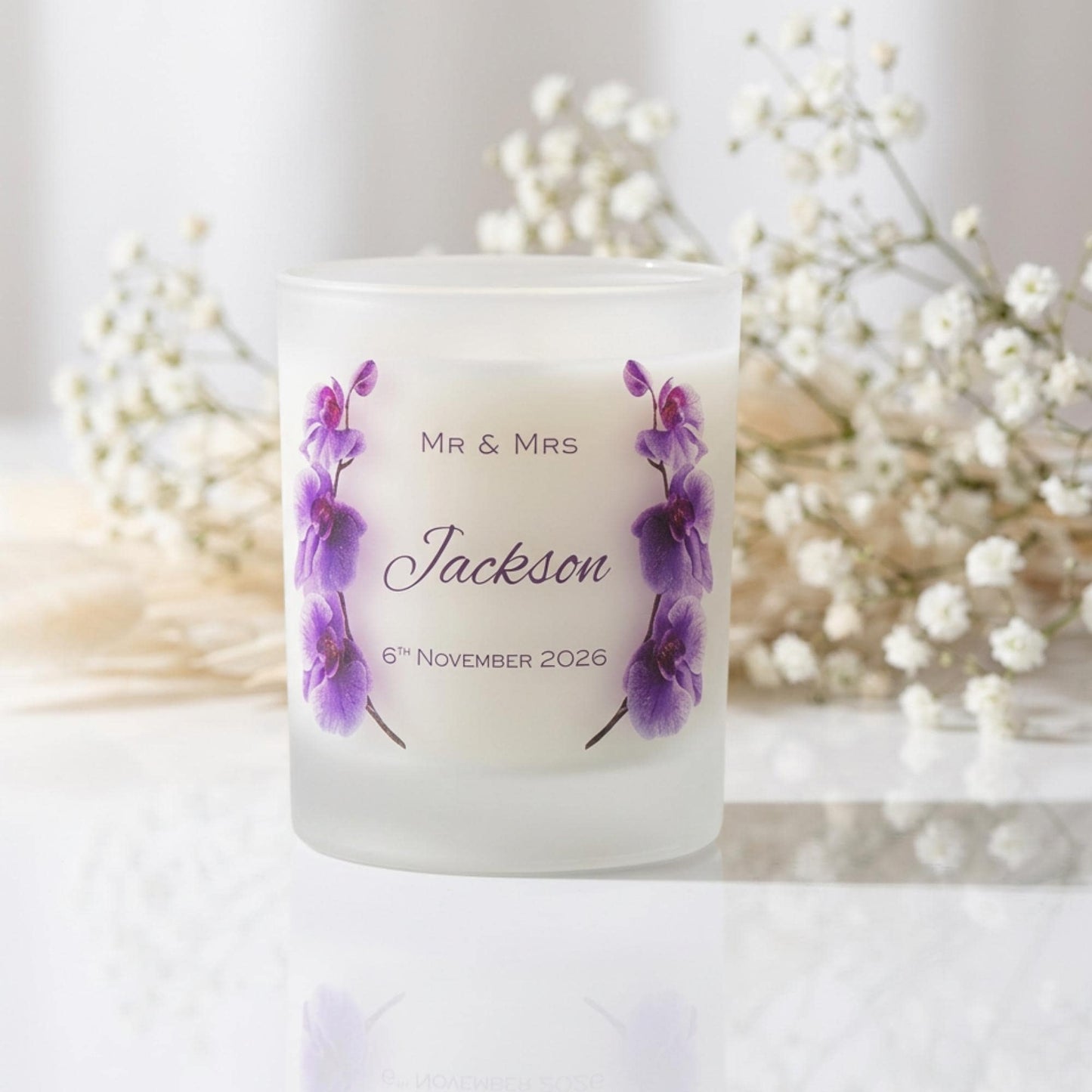 Personalised wedding candle and matches gift set with orchid design, name and date on frosted glass