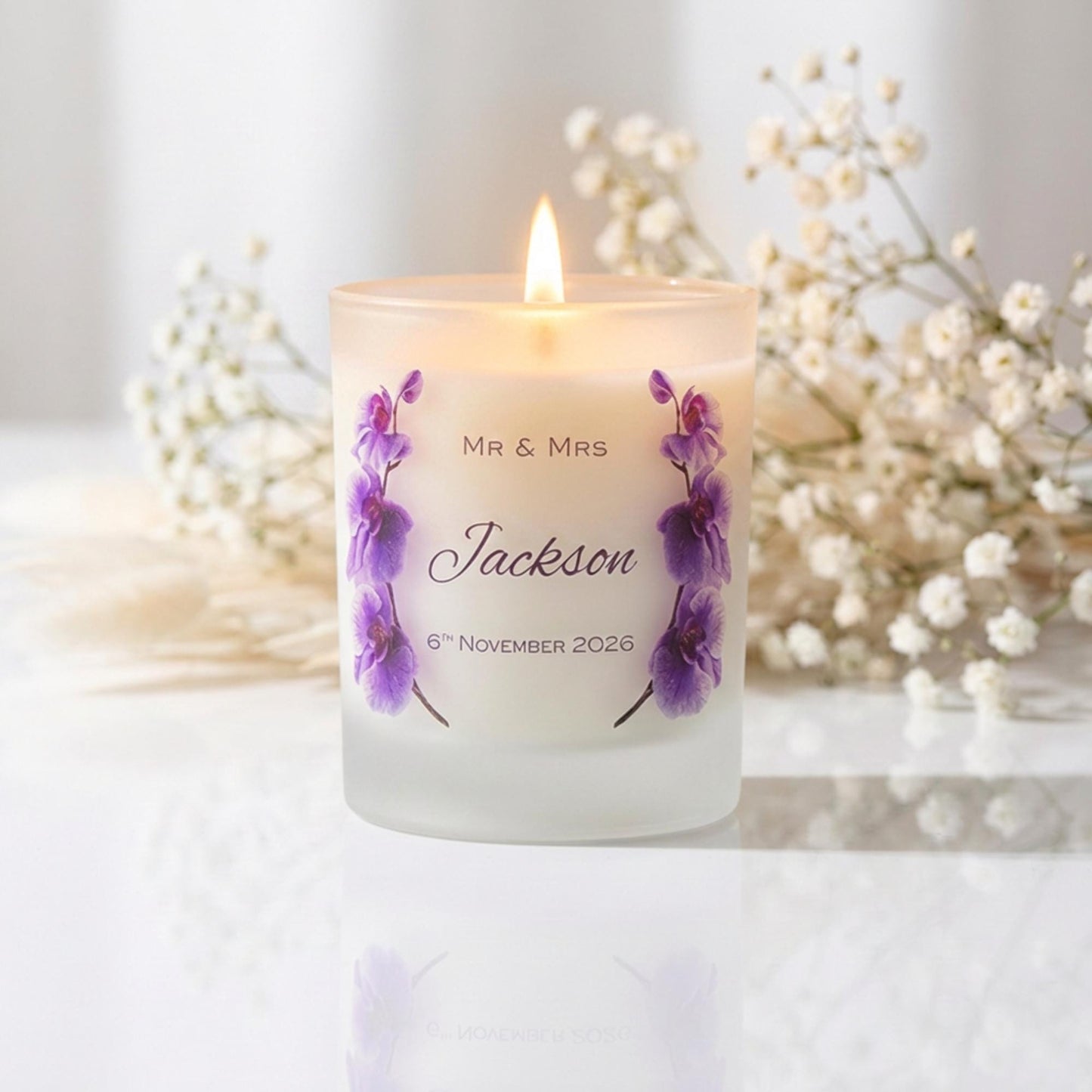 Personalised wedding candle and matches gift set with orchid design, name and date on frosted glass