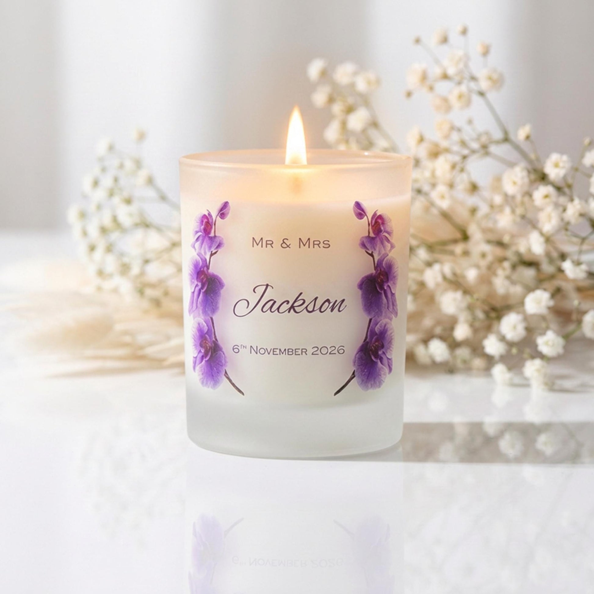 Personalised wedding candle and matches gift set with orchid design, name and date on frosted glass