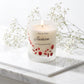 Personalised wedding candle with red rose petals, names and date printed on frosted glass