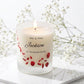 Personalised wedding candle with red rose petals, names and date printed on frosted glass