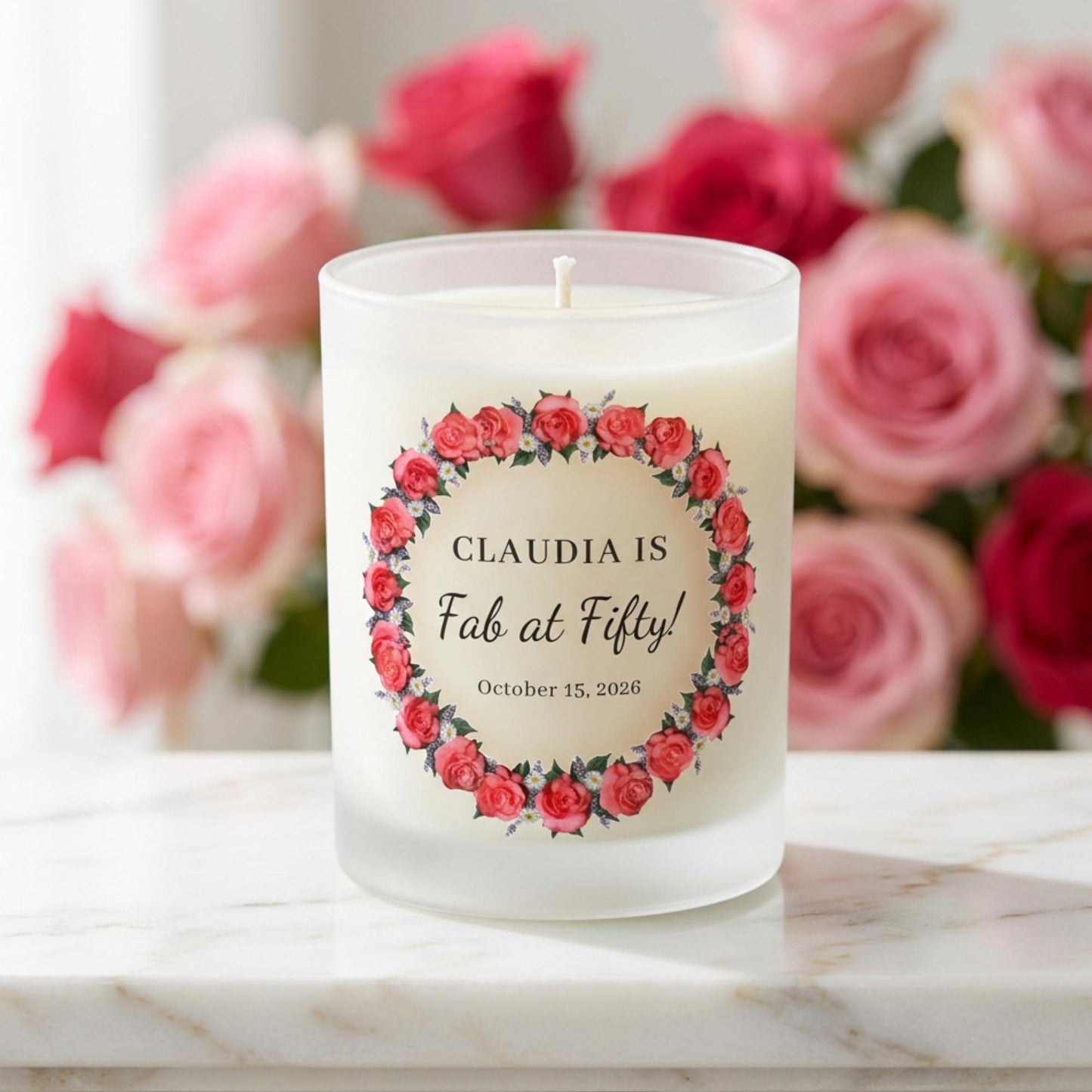 Personalised birthday candle with a rose wreath design and custom wording printed on frosted glass