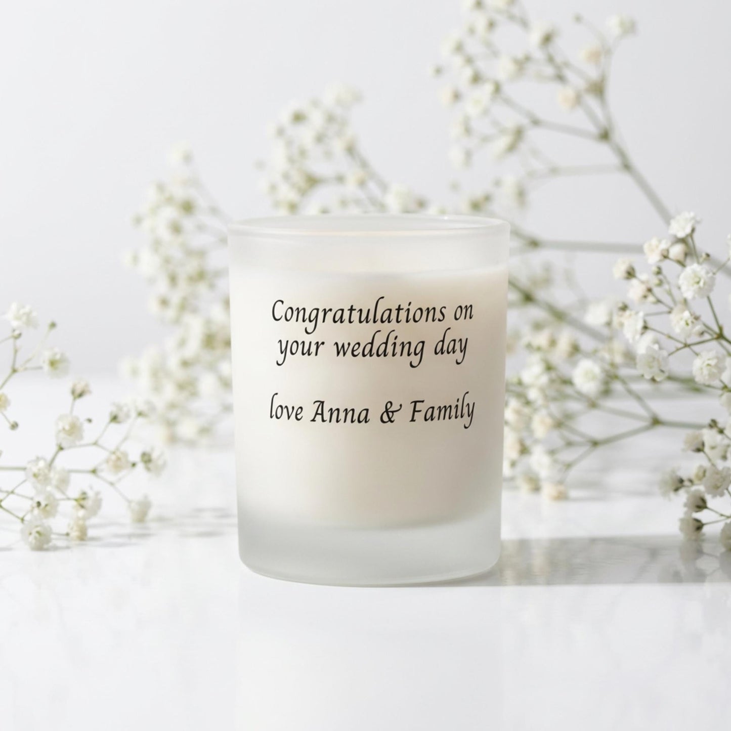 Personalised wedding candle and matches gift set with orchid design, name and date on frosted glass