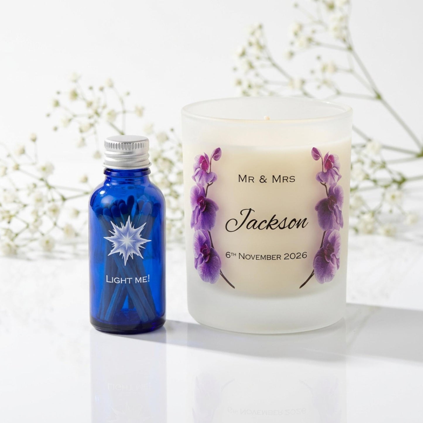 Personalised wedding candle and matches gift set with orchid design, name and date on frosted glass