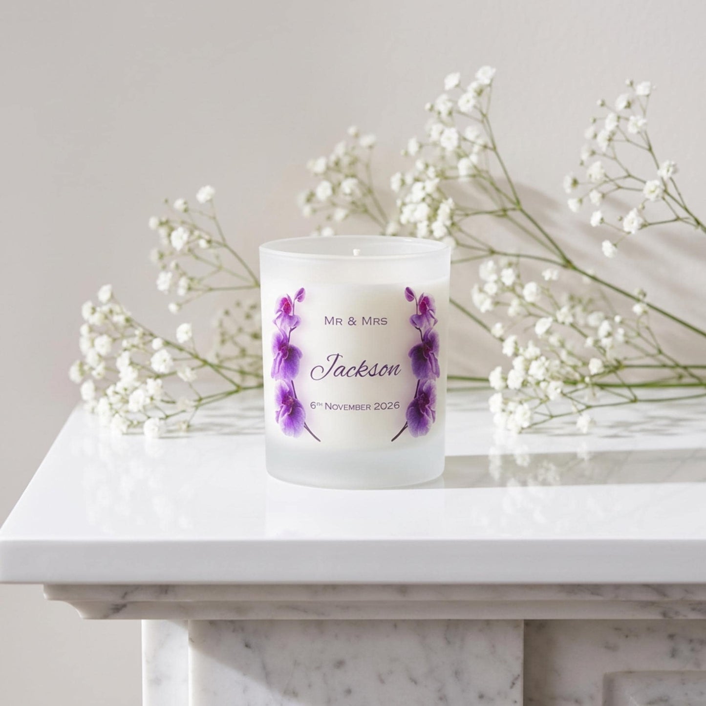 Personalised wedding candle and matches gift set with orchid design, name and date on frosted glass