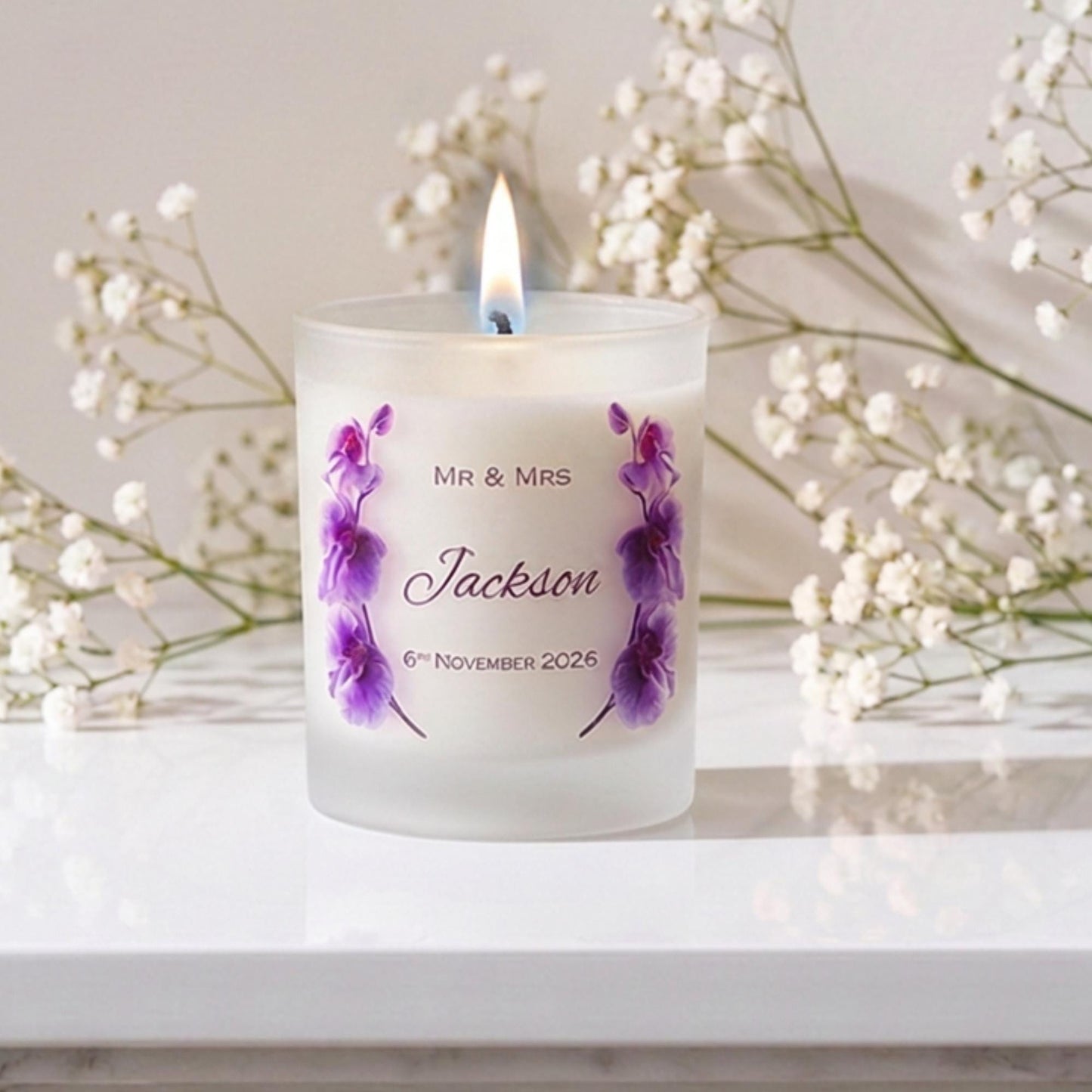 Personalised wedding candle and matches gift set with orchid design, name and date on frosted glass