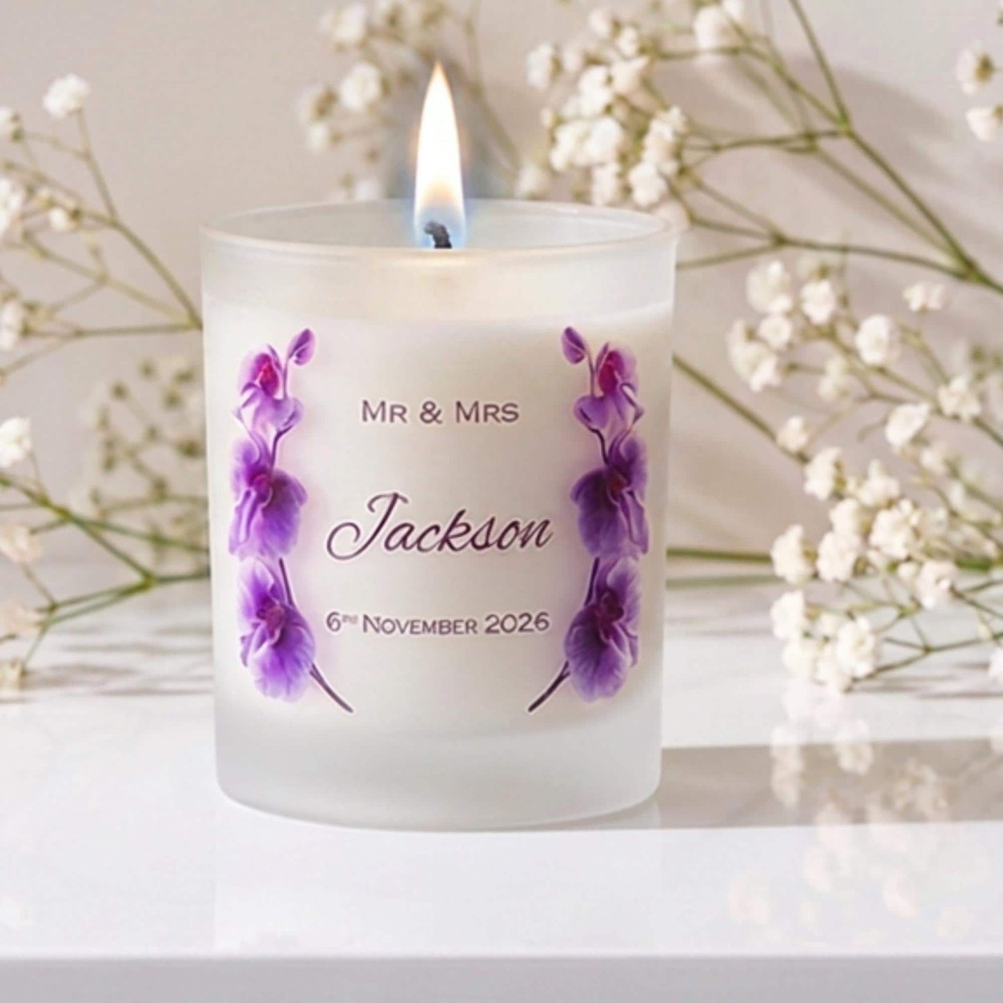 Personalised wedding candle and matches gift set with orchid design, name and date on frosted glass