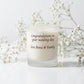 Personalised wedding candle with red rose petals, names and date printed on frosted glass