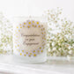 Personalised engagement candle with couple's names in a hand-drawn daisy design on frosted glass