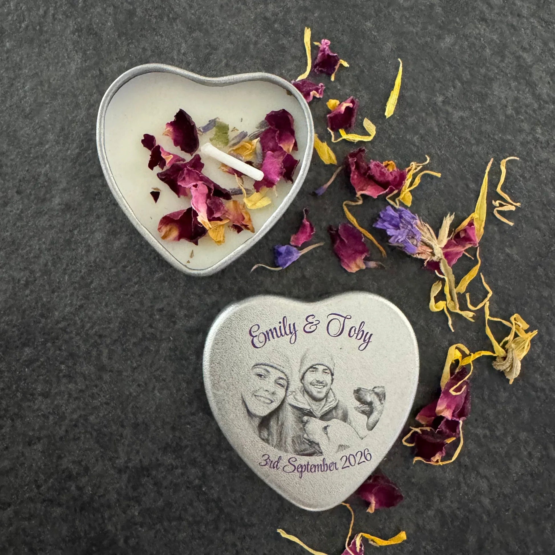 Personalised photo wedding favour candle with sketch portrait printed on silver heart tin lid — natural olive wax, handmade in the Cotswolds