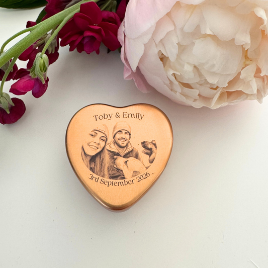 Personalised Photo Heart Tin Wedding Favour Candle | Rose Gold | Sketch Portrait